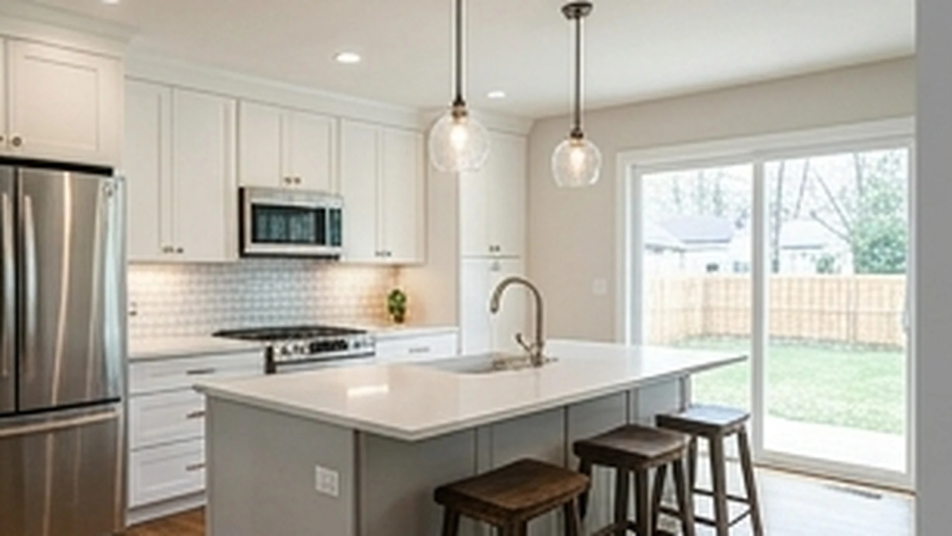 Close detail of backsplash tile meeting countertop and cabinet finish