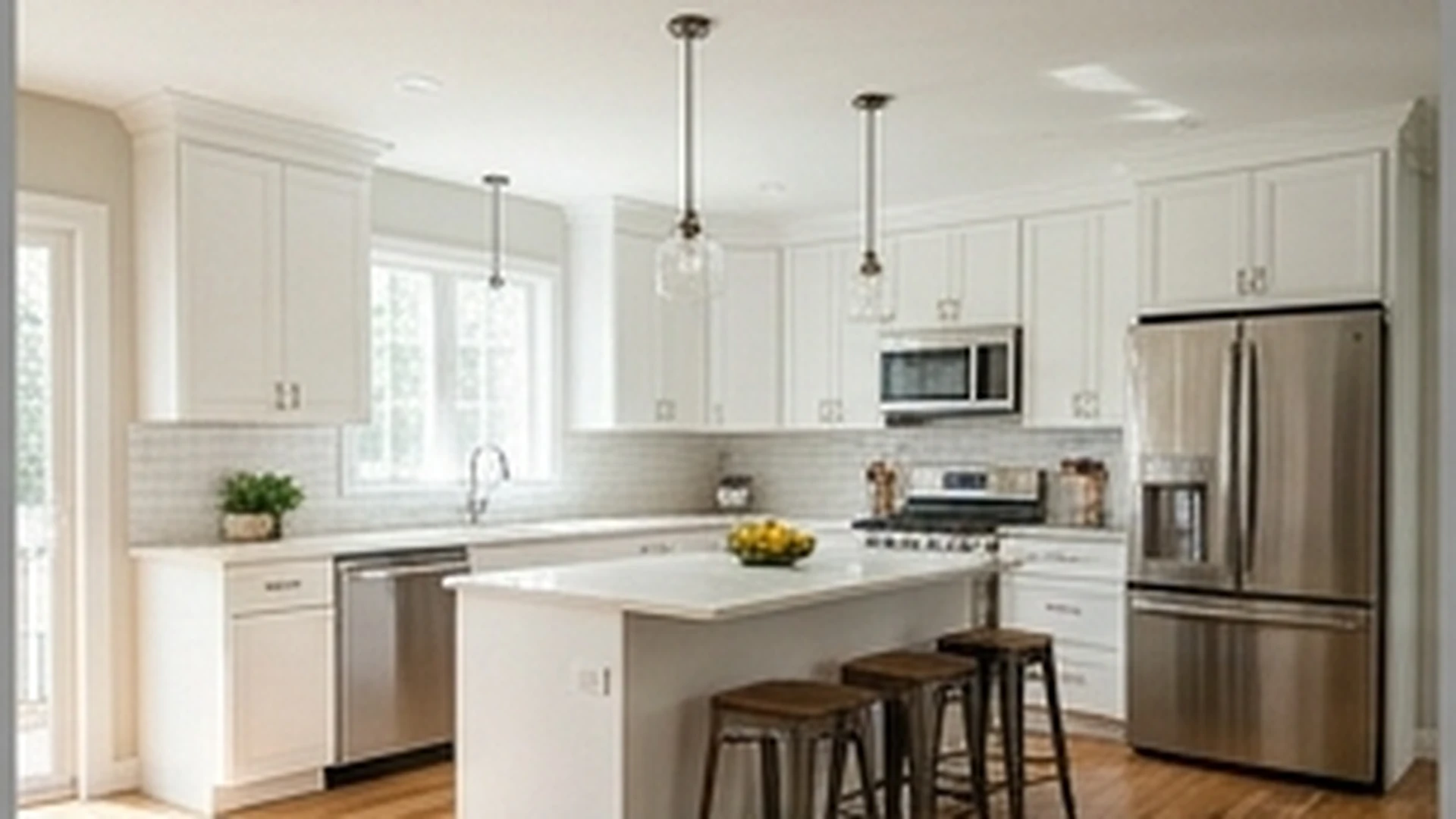 Finished open concept kitchen with cabinetry island and backsplash